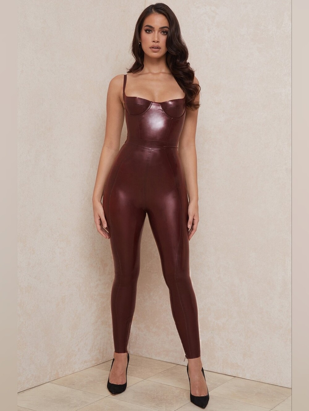 HOUSE OF CB Lia Latex High Waist Leggings In Raisin Size L+ Org $165